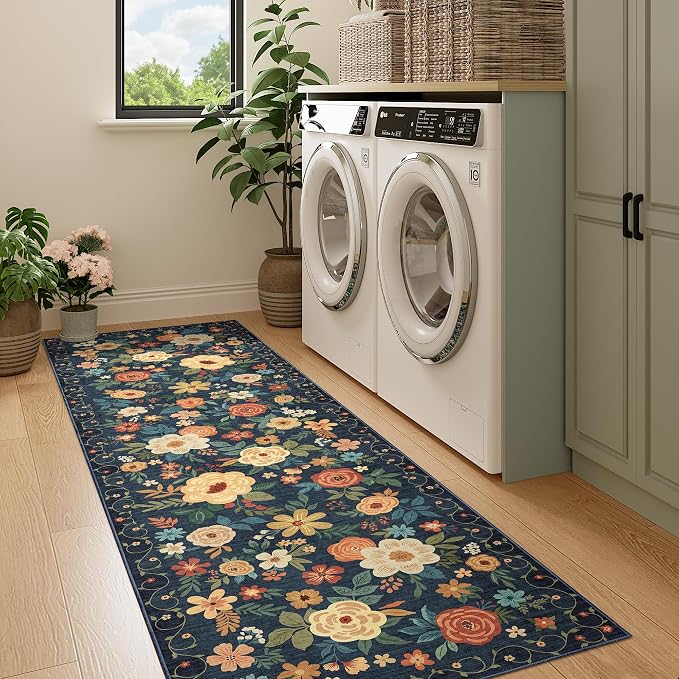 DUKINO Runner Rug, 2x7 Boho Kitchen Rug for Hallways with Low Pile Design, Washable Non Slip Backing Soft Floral Runner for Kitchen, Hallway, Entryway, Bedroom, Laundry, Navy Blue