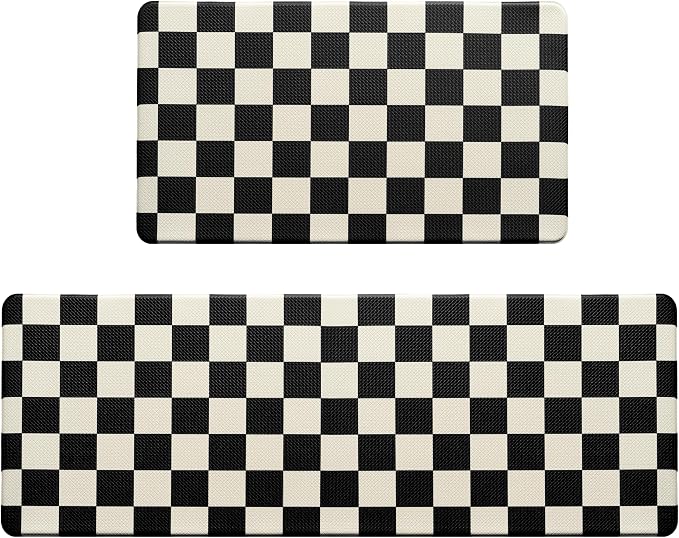 Beige Black Checkered Grid Checkerboard Kitchen Rug Sets [2 PCs], Anti-Fatigue, Waterproof Non-Slip Kitchen Mats Heavy Duty Comfort Foam Rug for Kitchen, Floor, Laundry,17"x29"+17"x47"
