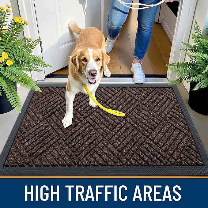 OLANLY Front Door Mat Outside Entrance 35x23, Absorbent, Heavy Duty Sturdy Natural Rubber Doormat Indoor Outdoor, Stain and Fade Resistant, Non-Slip Low Profile Floor Mat for Entryway, Brown Diamond