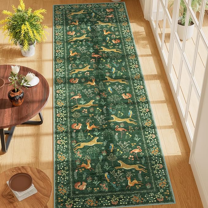 DUKINO Runner Rug, 2x7 Washable Kitchen Rugs for Hallways with Non Slip Backing, Soft Low Pile Vintage Animal Runner for Kitchen, Hallway, Entryway, Laundry, Bedroom, Green