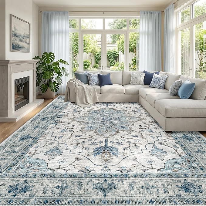 RELEANY Area Rugs Large 10'x14' Washable Non-Slip, Floral Vintage Distress Medallion Carpet for Living Room Bedroom Dining Room, Light Blue Navy Gray White