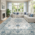 RELEANY Area Rugs Large 10'x14' Washable Non-Slip, Floral Vintage Distress Medallion Carpet for Living Room Bedroom Dining Room, Light Blue Navy Gray White