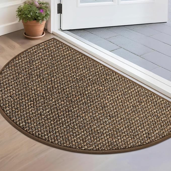BEQHAUSE Dirt Trapper Door Mat 17" x 30" Half Circle Non-Slip Washable Doormats Entrance Rugs Absorbent Welcome Low Profile Floor Mats for Front Back Door and Entryway, Brown