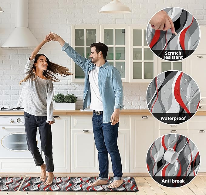 Kitchen Mats for Floor Modern Abstract kitchen rugs Grey and Red Stripe Anti Fatigue Kitchen Mats Waterproof Floor Mats Cushioned Non-Skid Standing Mats for Kitchen, Set of 2,17.3 x 28+17.3 x 47