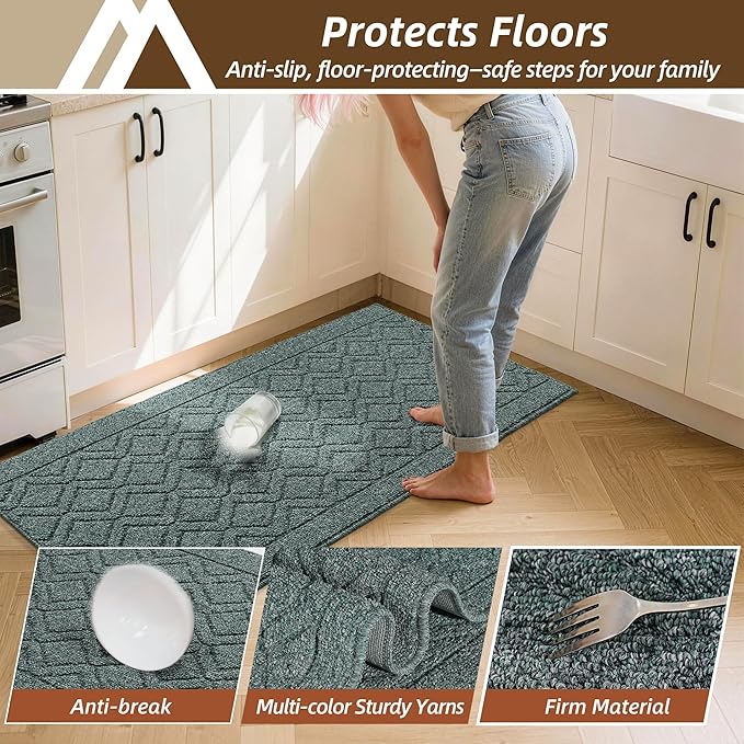 COSY HOMEER Kitchen Rugs Sets 2PCS,Non-Slip Washable Kitchen Mats for Floor,Absorbent and Stain Resistant Kitchen Runner Rugs for Kitchen Sink Laundry Entryway,20"x30"+20"x48",Heather Green