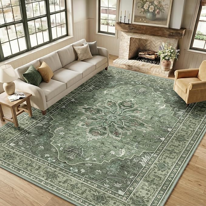RELEANY Area Rugs Large 9'x12' Washable Non-Slip, Floral Vintage Distress Medallion Carpet for Living Room Bedroom Dining Room, Dark Green Gray