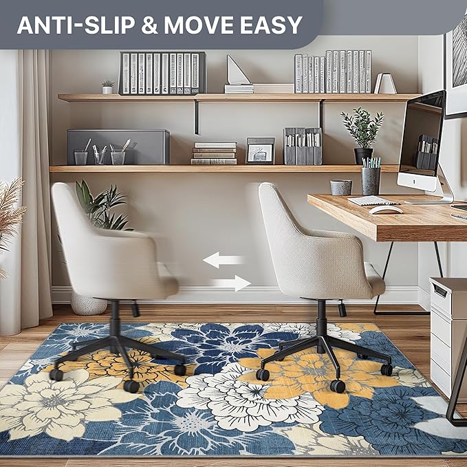 48"x60" Office Chair Mat for Hardwood Tile Floor, Under Desk Carpet Protector for Rolling Computer Chair Mat, Machine Washable Area Rug, Anti-Slip 1/5" Thick Low Pile Thin Vinyl Floor Mat, Navy Yellow