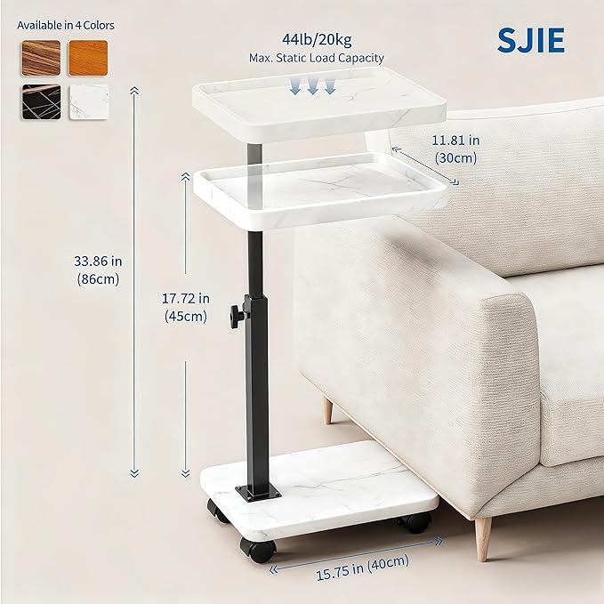 C Table End Table Adjustable Height, 360°Swivel TV Tray Table for Small Spaces, Side Tables with Wheels for Living Room and Bedroom, Bed (White)