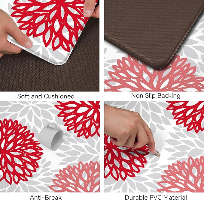 Kitchen Mats Set of 2 Cushioned Anti Fatigue Kitchen Rugs Non Slip Waterproof Kitchen Runner Memory Foam Kitchen Floor Mat Comfort Standing Mat for Sink,Office,Laundry, Red