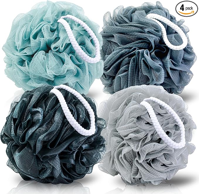 MTDLYICE Loofah Sponge XXL-100g 4 Pack, Bath Sponge Soft Mesh Shower Puff Loofah for Men, Exfoliating Body Scrubber for Women, Shower Accessories (Blue Gray)