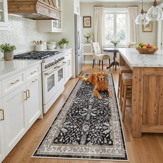 3x8 Hallway Runner Rug Washable Non-Slip – Boho Floral Soft Wide Carpet Runner for Kitchen Entryway Bathroom Bedroom – Low-Pile Thin Floor Mat with Rubber Backing (Black,3x8)