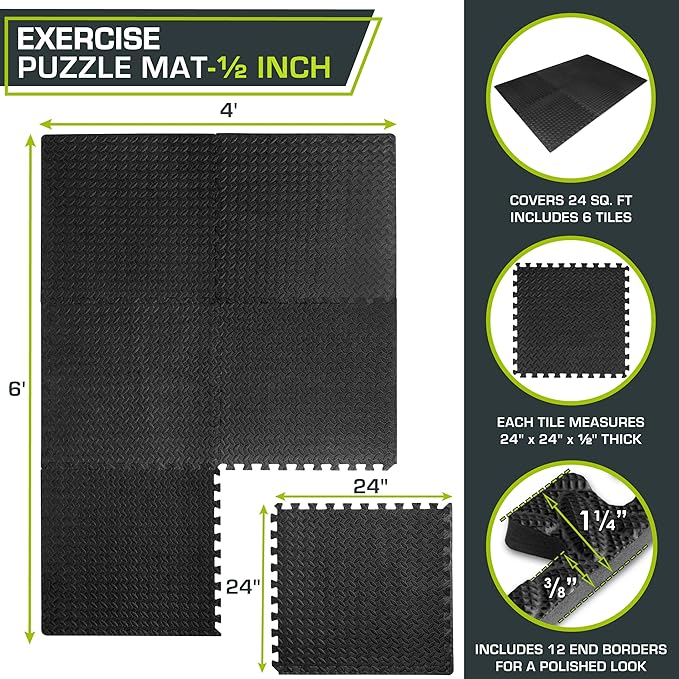 ProsourceFit Exercise Puzzle Mat ½-inch, EVA Interlocking Foam Floor Tiles for Home Gym, Workout Equipment, Kids Play Areas, Black, 24 SQ FT - 6 Tiles