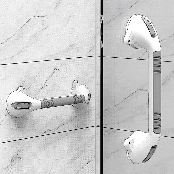 16.5inch Suction Bath Grab Bar with Indicators, Balance Assist Bathroom Shower Handle (White/Grey, Pack of 1)