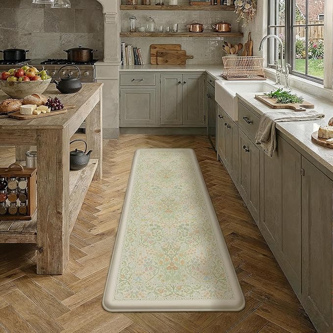 Kitchen Mats for Floor Thick Anti Fatigue Waterproof Vintage Spring Floral Kitchen Rugs 2PCS Cushioned Non Slip Green Comfort Standing Mats for Sink Laundry Office 17.3"×59"+17.3"×30"