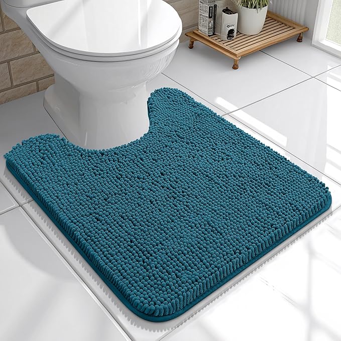OLANLY Toilet Rugs U-Shaped 20x20, Extra Soft Absorbent Chenille Contour Bathroom Rugs for Toilet, Dry Quickly, Machine Washable, Non-Slip Bath Mat, Peacock Blue