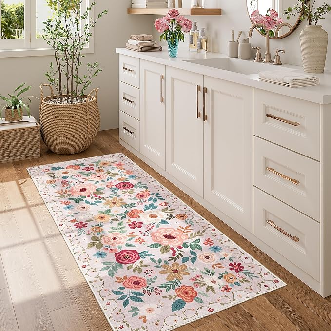 DUKINO 2x5 Runner Rug for Hallway, Washable Kitchen Floral Runner Rug with Non Slip Backing, Low Pile Soft Boho Carpet for Kitchen, Hallway, Entryway, Laundry, Bedroom, Beige