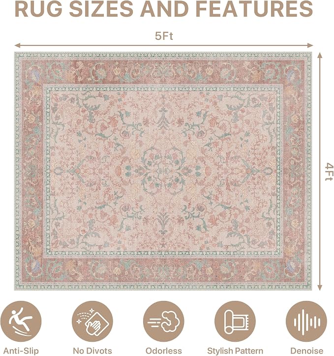 48"x60" Office Chair Mat for Hardwood Tile Floor, Under Desk Carpet Protector for Rolling Computer Chair Mat, Machine Washable Area Rug, Anti-Slip 1/5" Thick Low Pile Thin Vinyl Floor Mat, Pink