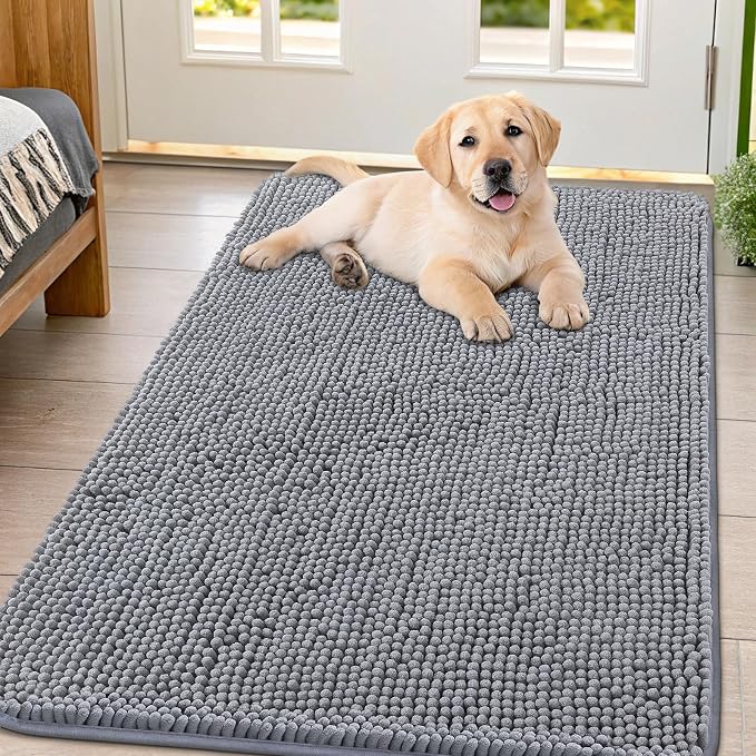 Smiry Dog Door Mat for Muddy Paws 44x32, Absorbent Dirt Trapper, Non-Slip Washable Chenille Entryway Rug for Inside Floor, Grey, Classic Solid