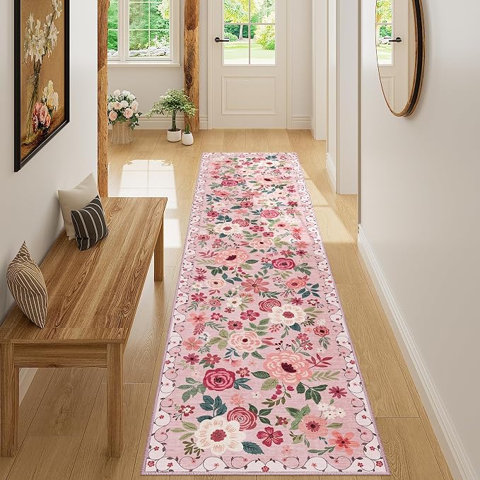 DUKINO 2x8 Runner Rug for Hallway, Washable Kitchen Runner Rug with Rubber Backing Non Slip, Low Pile Soft Boho Floral Thin Carpet for Entryway, Hallway, Bathroom, Laundry Room, Pink