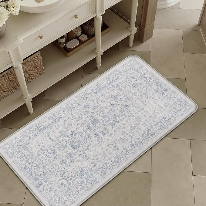 PureCozy Kitchen Mats 2PCS Anti Fatigue Cushioned Mat Light Blue Vintage Kitchen Mats for Floor Waterproof Non Slip Comfort Standing Retro Floral Rug for Sink Laundry Office 17.3"x47"+17.3"x30"
