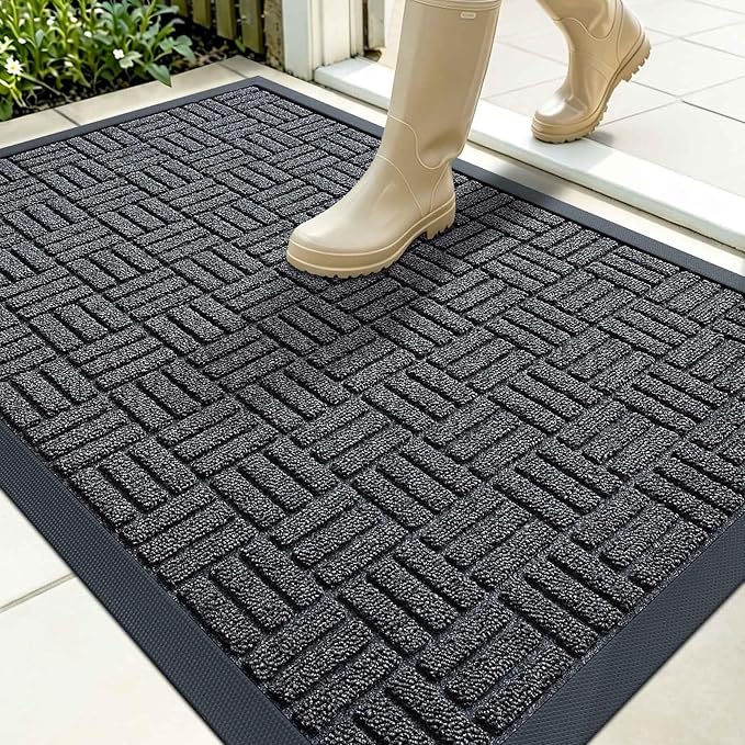OLANLY Front Door Mat Outside Entrance 35x23, Absorbent, Heavy Duty Sturdy Natural Rubber Doormat Indoor Outdoor, Non-Slip, Stain and Fade Resistant, Low Profile Floor Mat for Entryway, Black Gray