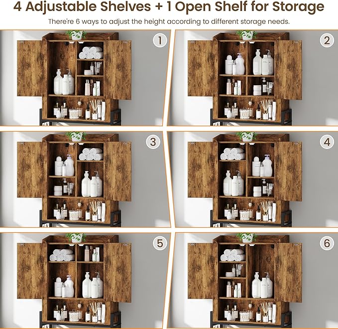 Memobarco Over The Toilet Storage Cabinet, Over Toilet Organizer with 2-Door & Metal Stand, Bathroom Organizers and Storage with Adjustable Shelves for Bathroom, Restroom, Laundry, Rustic Brown