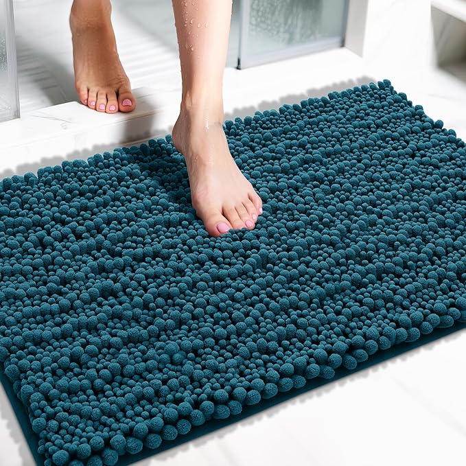 Yimobra Bathroom Rugs Non Slip Washable 32x20 Inch - Ultra Soft Absorbent Chenille Bath Mat, Quick Dry Shaggy Floor Carpet for Tub Shower, Peacock Blue Home Decor Accessories