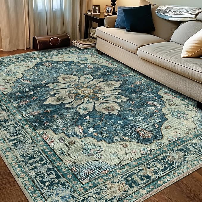 RELEANY Area Rugs 6'x8' Washable Non-Slip, Floral Vintage Distress Medallion Carpet for Living Room Bedroom Dining Room, Dark Blue Vintage