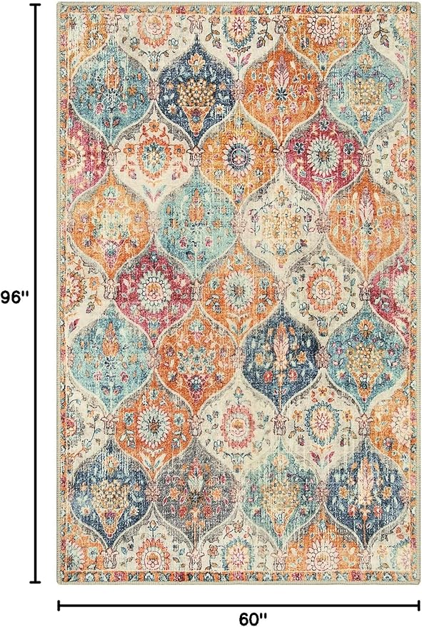 Lahome Moroccan 5x8 Area Rug, Ultra-Thin Washable Rugs for Living Room Bedroom, Soft Large Oriental Non-Slip Non Shedding Throw Large Carpet for Dining Room Office Elise, Cream/Multi