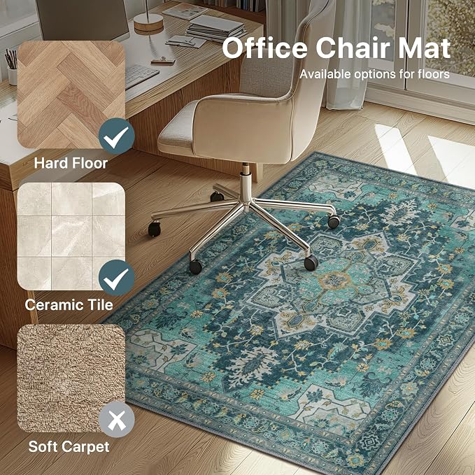 48"x60" Office Chair Mat for Hardwood Tile Floor, Under Desk Carpet Protector for Rolling Computer Chair Mat, Machine Washable Area Rug, Anti-Slip 1/5" Thick Low Pile Thin Vinyl Floor Mat, Turquoise