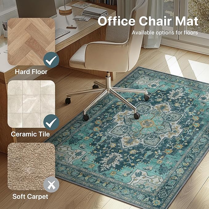 48"x72" Office Chair Mat for Hardwood Tile Floor, Under Desk Carpet Protector for Rolling Computer Chair Mat, Machine Washable Area Rug, Anti-Slip 1/5" Thick Low Pile Thin Vinyl Floor Mat, Turquoise