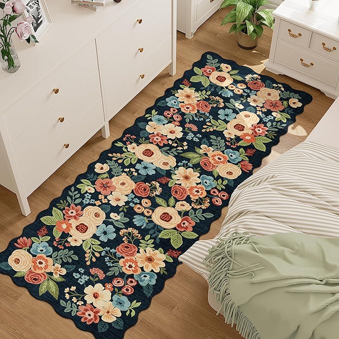 DUKINO 2.6x8 Runner Rug for Hallway, Washable Kitchen Rug with Non Slip Backing & Non-Shediing, Soft Low Pile Floral Design Runner for Bedroom, Kithchen, Living Room, Laundry, Bathroom, Navy Blue