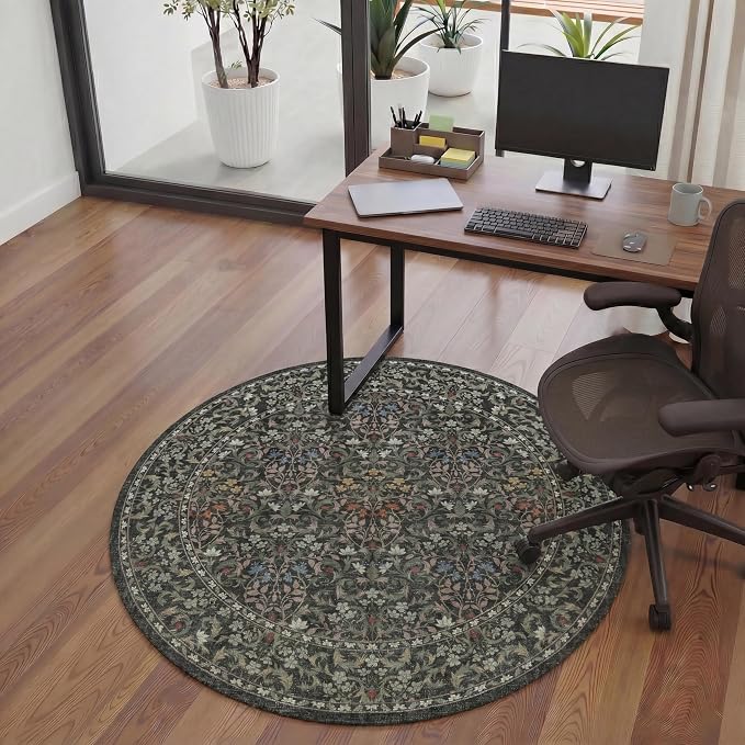 60"x60" Office Chair Mat for Hardwood Tile Floor, Under Desk Carpet Protector for Rolling Computer Chair Mat, Machine Washable Round Area Rug, Anti-Slip 1/5" Thick Low Pile Thin Floor Mat, Moss Green