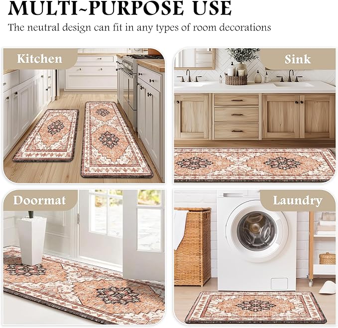 Boho Kitchen Mats for Floor 2 Piece Set Anti Fatigue Cushioned PVC Kitchen Rugs Non Slip Waterproof Farmhouse Mats 2/5 Inch Comfort Standing Mat for Sink, Laundry, 17.3"x47"+17.3"x28", Orange