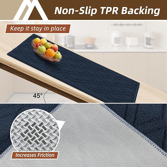 COSY HOMEER 60x24Inch/35X24Inch Kitchen Rugs Sets Non-Slip Washable Kitchen Mats for Floor Polypropylene Absorbent Kitchen Runner for Kitchen Sink Hallway Entryway(Navy Blue)