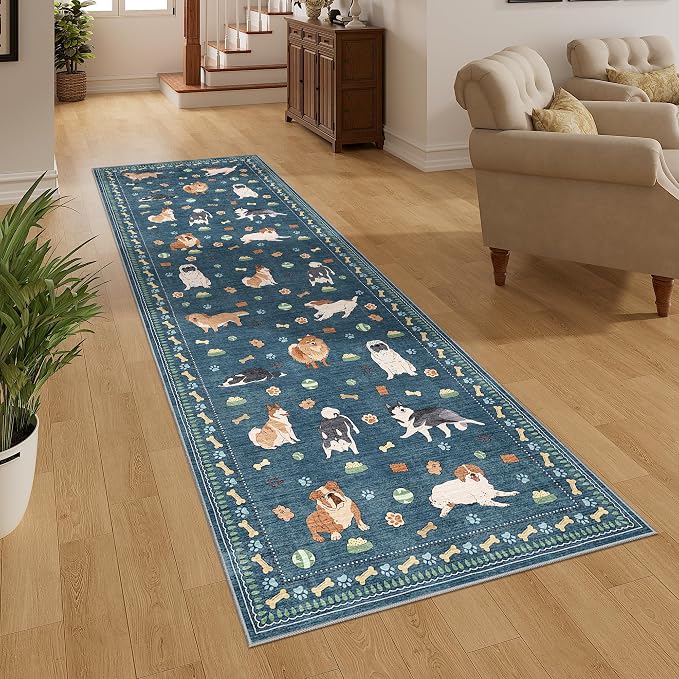 DUKINO 2.6x8 Washable Runner Rug for Hallway, Non Slip Animal Dog Kitchen Rug with Low Pile Design, Ultra Soft & Stain Resistant Indoor Carpert Runner for Entryway, Bedroom, Laundry, Bathroom, Blue