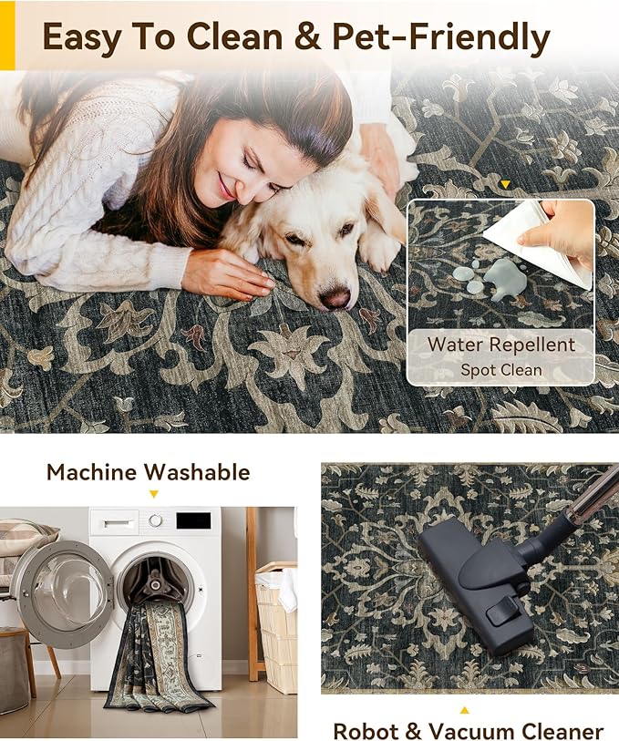 RELEANY Area Rugs Runner 2'x8' Washable Non-Slip, Floral Vintage Distress Medallion Carpet for Kitchen Hallway Bedroom Beside Laundry Room Bathroom, Vintage Black Brown Neutral