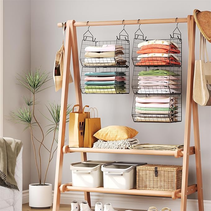 5 Tier Closet Hanging Organizer, Clothes Hanging Shelves with 4 Hanging Hooks 5 S Hooks, Wire Storage Basket Bins, for Clothing Sweaters Shoes Handbags Clutches Accessories Patent Design