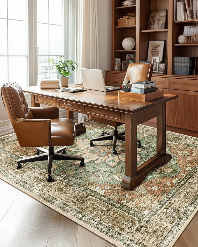 RELEANY Area Rugs 5'x7' Washable Non-Slip, Floral Vintage Distress Medallion Carpet for Living Room Bedroom Dining Room, Terracotta Burnt Orange Green