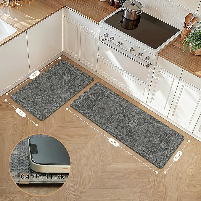 GENIMO Kitchen Mats for Floor 2PCs, Washable Anti Fatigue Mat for Cushioned, 17.3"x47"+17.3"x30", Waterproof Kitchen Rugs, Non Slip Comfort Standing Mat Rug for Home, Sink, Laundry, Dusky Green