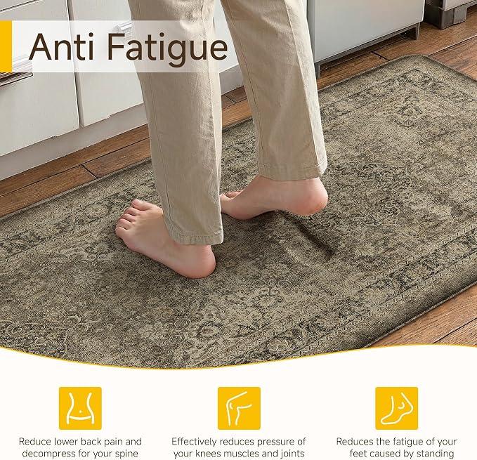 Vintage Kitchen Mats for Floor Anti Fatigue Waterproof Kitchen Rugs Sets of 2 Brown Cushioned Non-Slip Kitchen Mats Comfort Standing Mat for Sink Laundry Office 17.3"×47"+17.3"×30"
