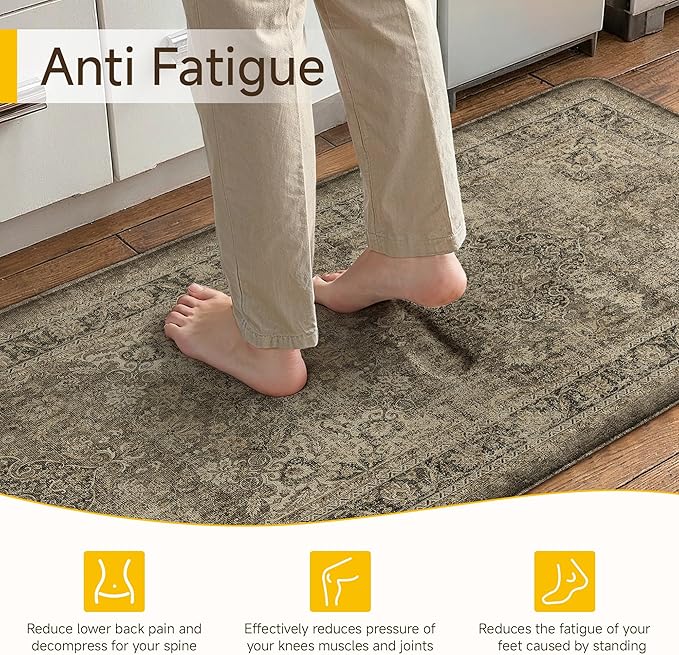 Vintage Kitchen Mats for Floor Anti Fatigue Waterproof Kitchen Rug Brown Cushioned Non-Slip Kitchen Mats Comfort Standing Mat for Sink Laundry Office 17.3"×47"