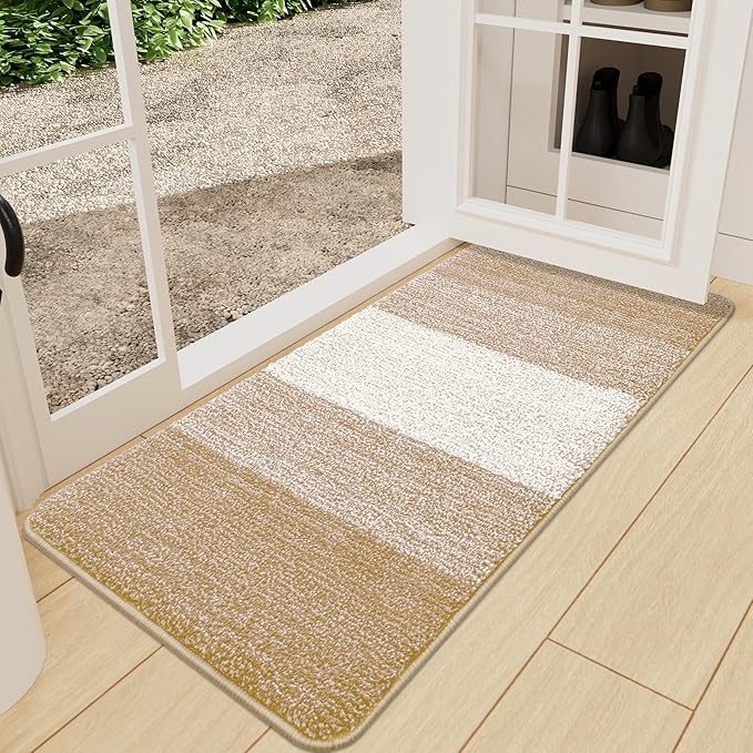 Kitinjoy Indoor Outdoor Door Mat, 71x24 Non-Slip Absorbent Dirt Trapper, Low-Profile Washable Inside Entrance Front Floor Mat, Sturdy Soft Entry Doormats for Entryway, Beige