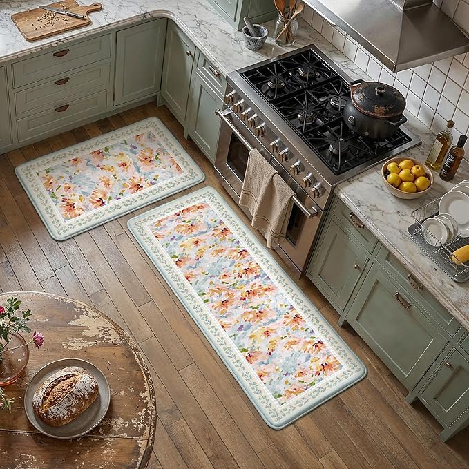 Anti Fatigue Kitchen Mats 2PCS Thick Non Slip Cushioned Rugs Blue Abstract Floral Waterproof Comfort Standing Mats for Floor Sink Laundry Office 17.3"×47"+17.3"×30"