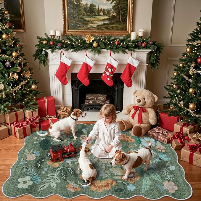 4x6 Living Room Area Rugs: Washable Farmhouse Nursery Kitchen Floral Rugs Non-Slip Small Cute Bedroom Carpet Non-Shedding Floor Mat for Kids Room University dormitory Decorative Rugs(4x6,Floral/Green)