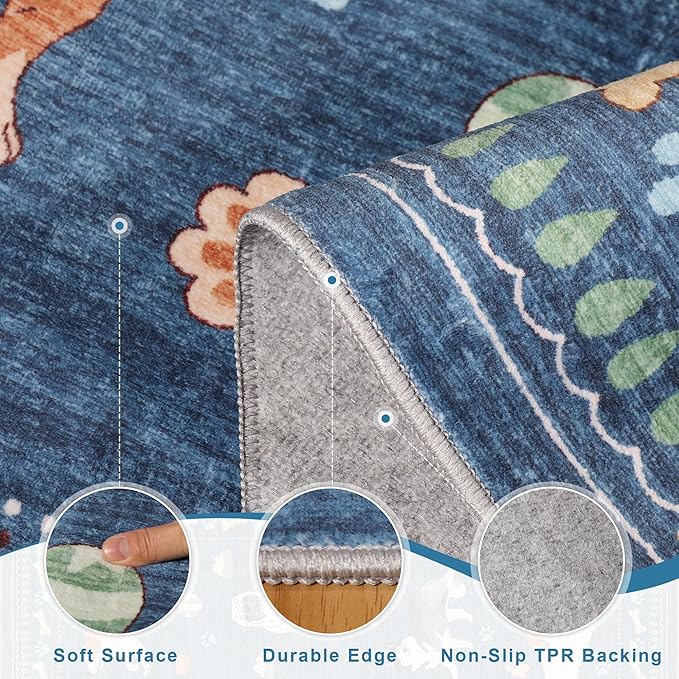 DUKINO 2x4 Runner Rug for Entryway, Animal Dog Print Washable Kitchen Rug with Non Slip, Low Pile Indoor Door Mat Non Shedding Small Throw Carpet Runner for Hallway, Bathroom, Laundry, Bedroom, Blue
