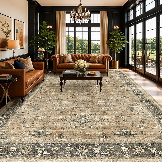 Warm Taupe Sage 9x12 Living Room Rug - Vintage Extra Large Area Rugs for Dining Room Under Table, Washable Low Pile Carpet for Bedroom Under the Bed, Non-Slip Stain & Fade Resistant