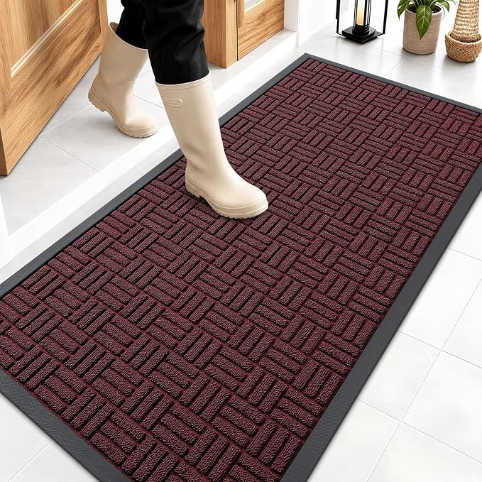 OLANLY Front Door Mat Outside Entrance 47x23, Absorbent, Heavy Duty Sturdy Natural Rubber Doormat Indoor Outdoor, Non-Slip, Stain and Fade Resistant, Low Profile Floor Mat for Entryway, Burgundy