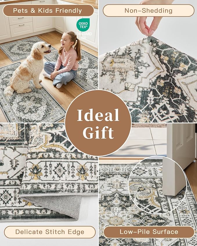 Madane Washable Kitchen Rug Set of 3, Small Area Rug Non-Slip Vintage Entryway Door Mat Indoor Entrance, Low Pile Floor Carpet Runner for Inside Front Door Entry Laundry (2x3+2x4+2x5, Black)
