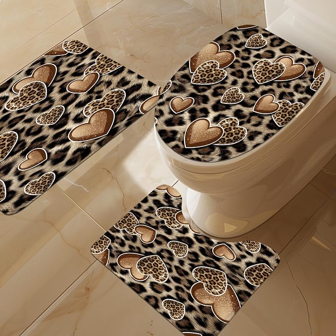 4 PCS Leopard Print Heart Shower Curtain Set 72Wx72H,Toilet Lid Cover,Non-Slip Rugs and U-Shaped Mat,Wildlife Cheetah Bathroom Sets with Rugs Shower Accessories 12 Hooks for Bathroom Decor
